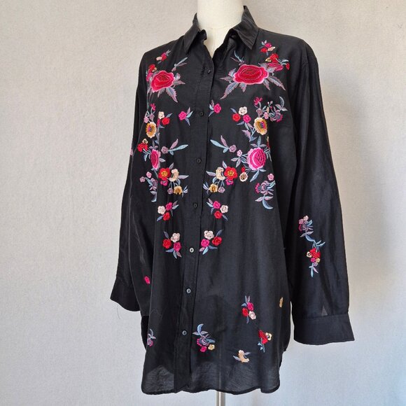 ZARA Floral Embroidered Cotton Silk Oversize Shirt Button Long Sleeve Black - Picture 3 of 13